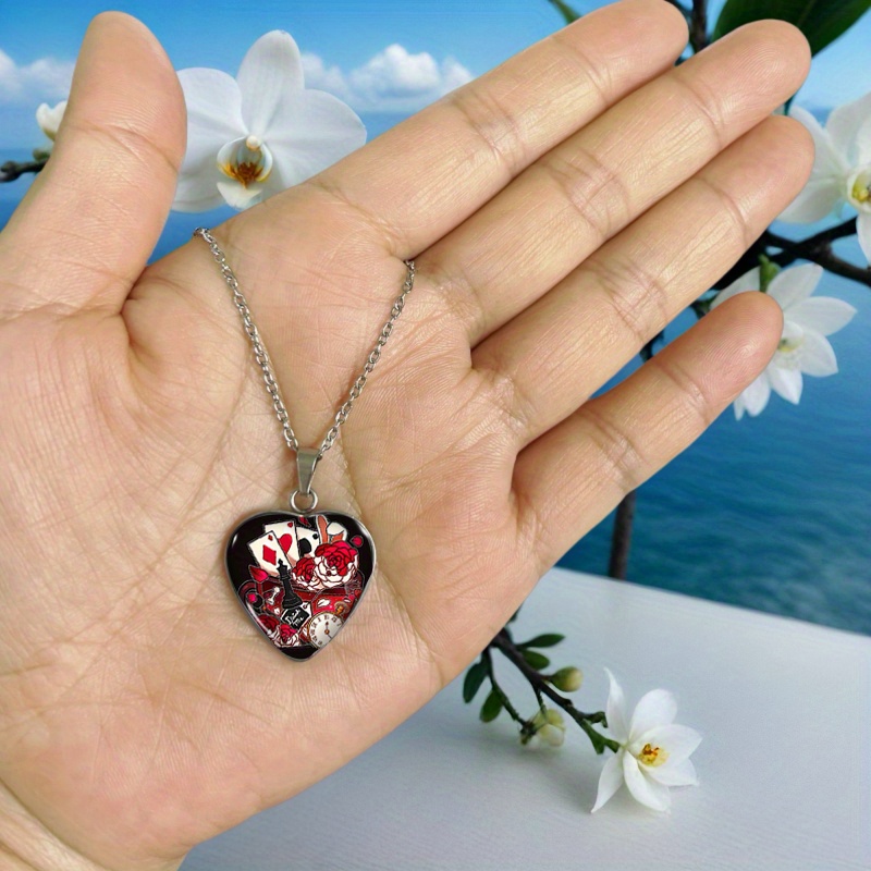 Poker Cards and Rose Flowers Pattern Pendant Necklace